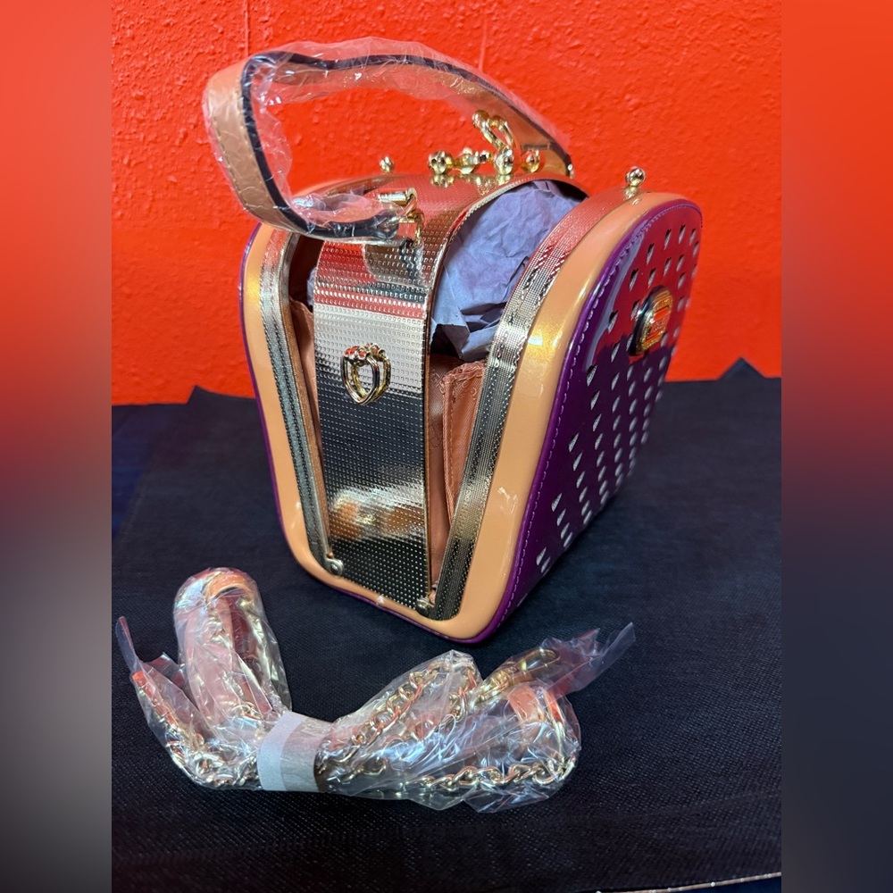 Women's Purple and Gold Heart Accent Box Handbag